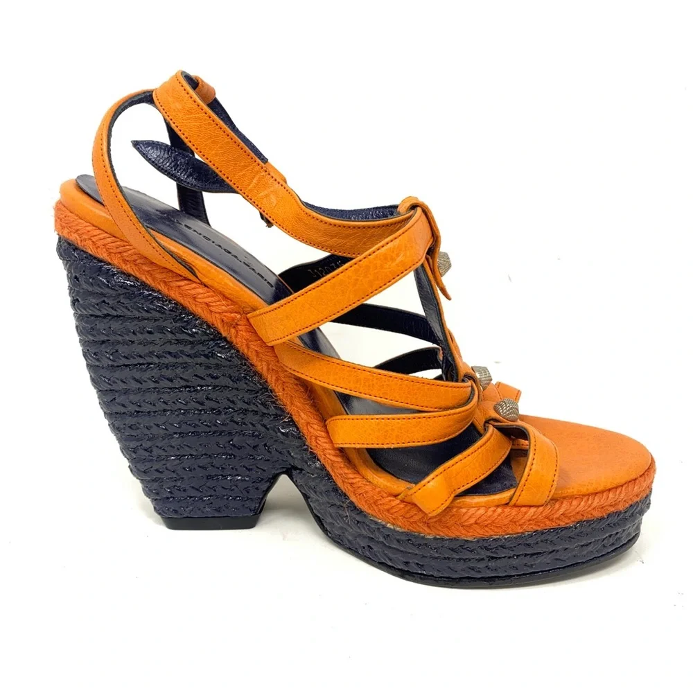 ❤️Balenciaga Paris  Orange Espadrille Wedge Strappy Sandals.  EUC.  Studded - Picture 3 of 11